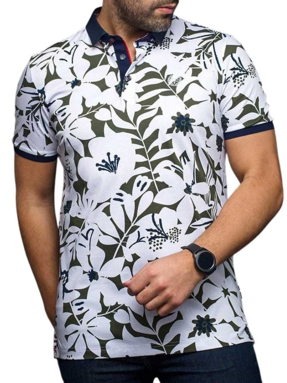 AU NOIR White Olive Floral Mercerized Cotton Polo Shirt size s